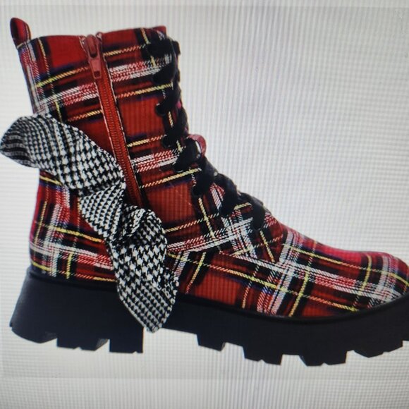 Betsey Johnson Shoes - Betsey Johnson " Rozey" Red Plaid Multi Lace Up Boots. NIB. Size 6